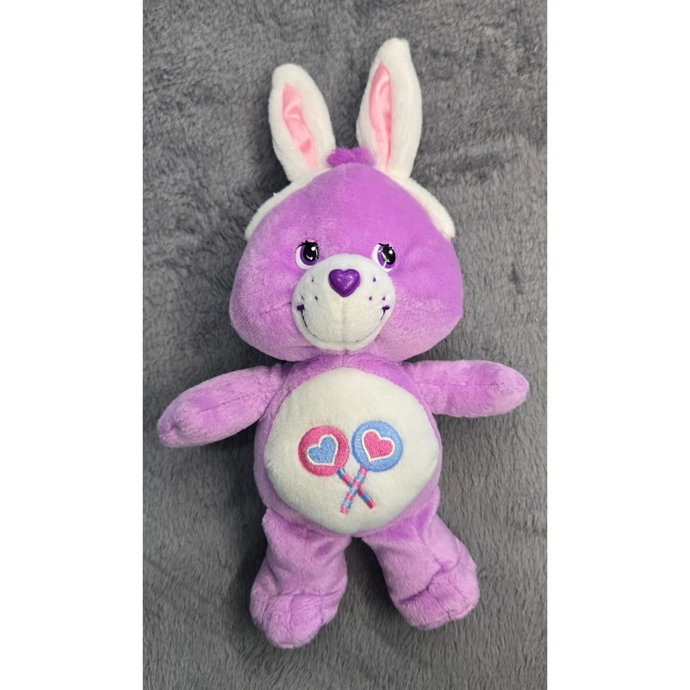 Care Bears Share Bear Plush 2003 Purple Bunny Ears Easter Lollipop 8 inch Toy